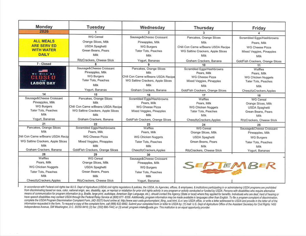 september 2026 menu